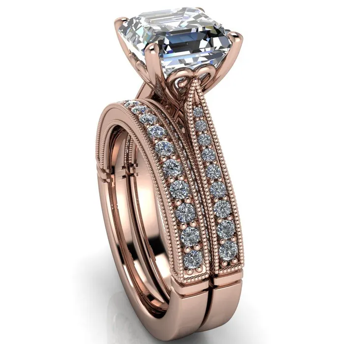 Rings Fire Brilliance Vivienne Asscher Moissanite 4 Prong Milgrain Engagement Ring