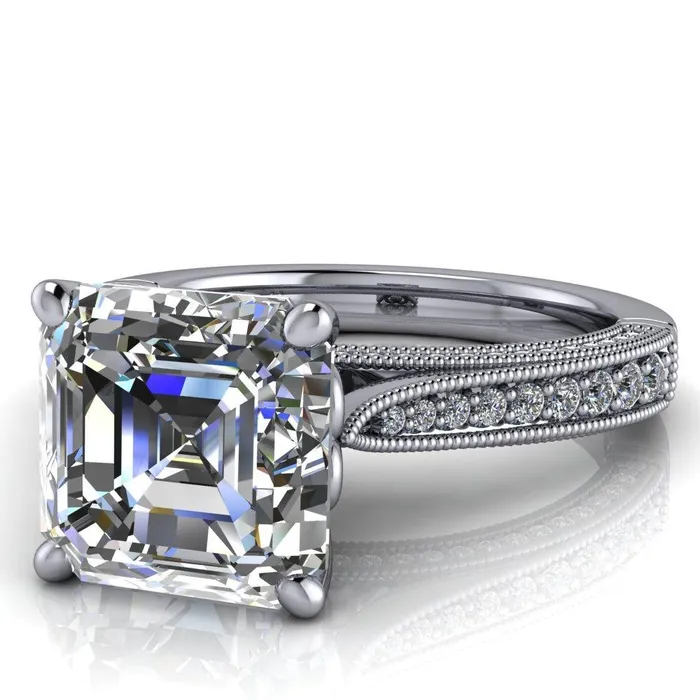 Rings Fire Brilliance Vivienne Asscher Moissanite 4 Prong Milgrain Engagement Ring