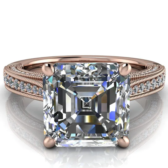 Rings Fire Brilliance Vivienne Asscher Moissanite 4 Prong Milgrain Engagement Ring