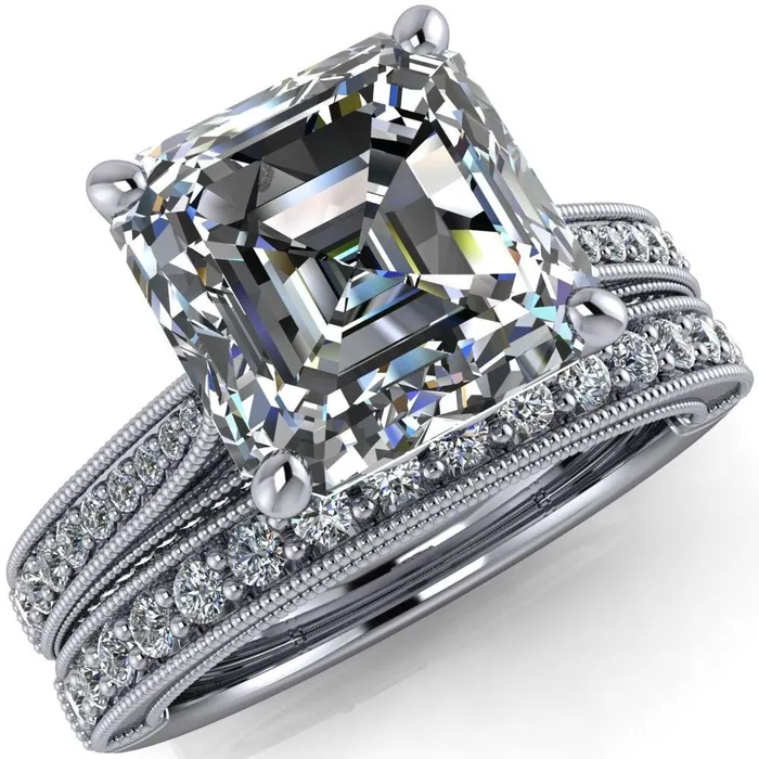 Rings Fire Brilliance Vivienne Asscher Moissanite 4 Prong Milgrain Engagement Ring