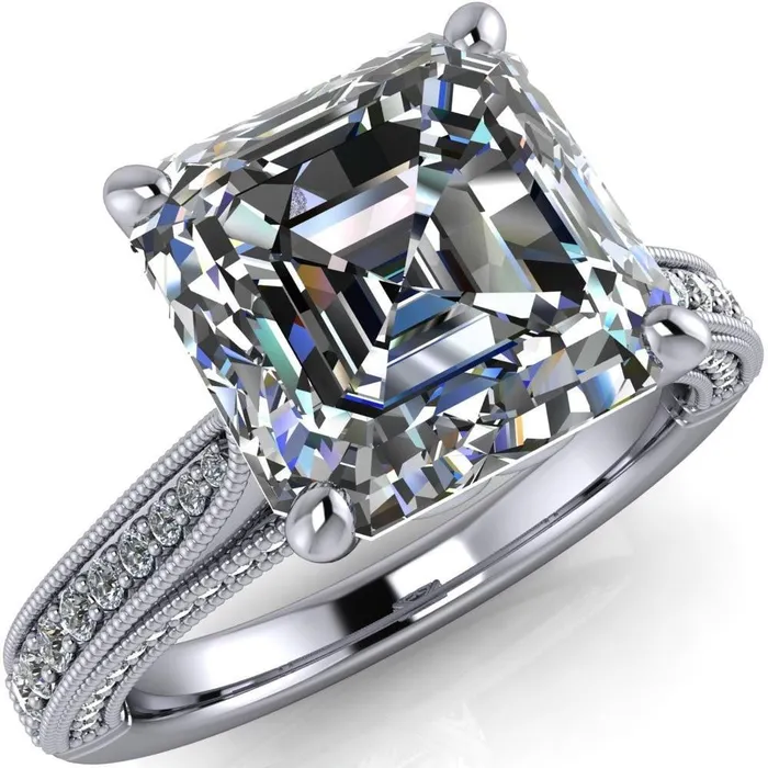 Rings Fire Brilliance Vivienne Asscher Moissanite 4 Prong Milgrain Engagement Ring