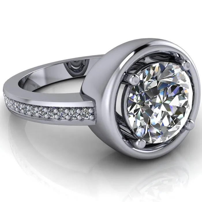 Rings Fire Brilliance Yasmina Round Center Stone Prong Bezel Set with Diamond Sides Design Engagement Ring