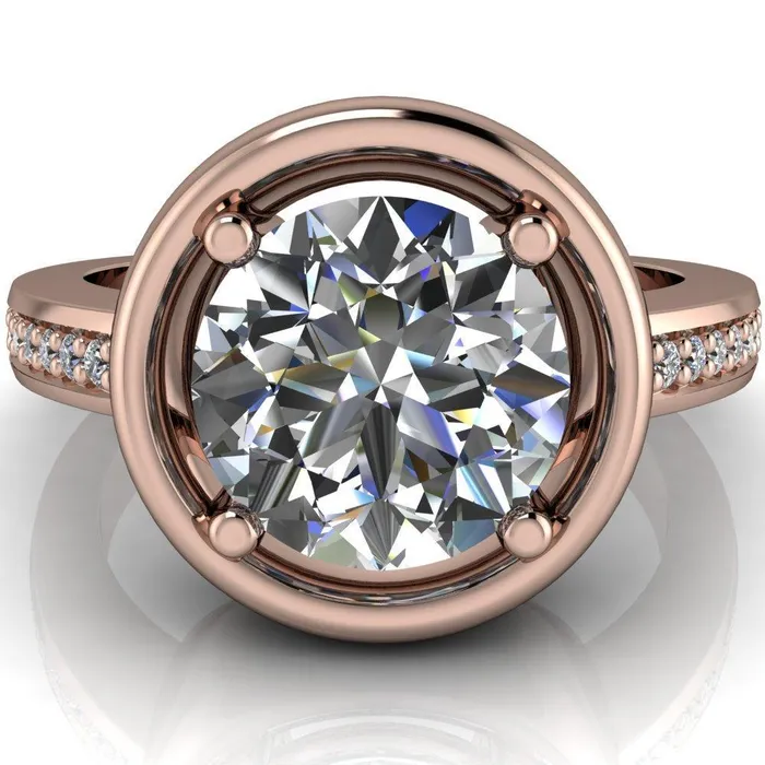 Rings Fire Brilliance Yasmina Round Center Stone Prong Bezel Set with Diamond Sides Design Engagement Ring