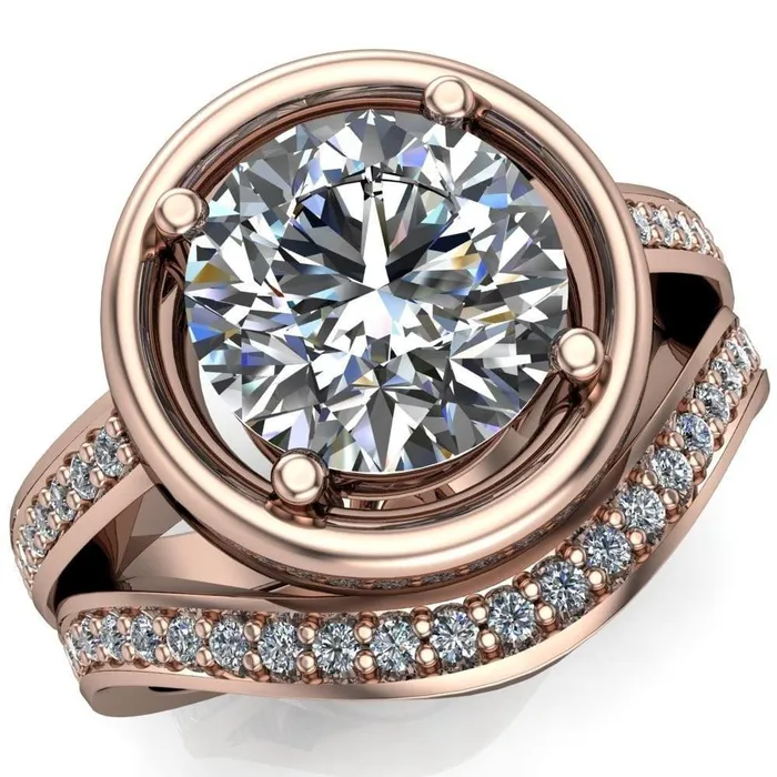 Rings Fire Brilliance Yasmina Round Center Stone Prong Bezel Set with Diamond Sides Design Engagement Ring