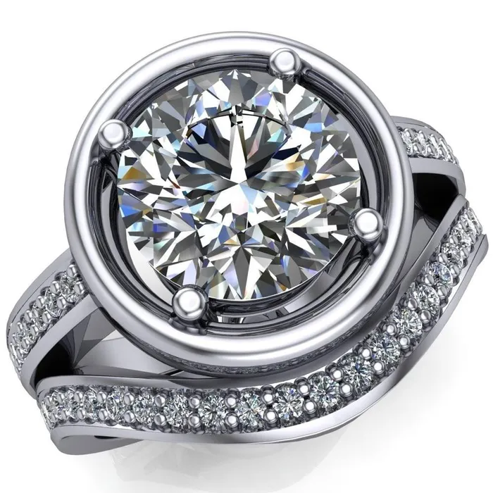 Rings Fire Brilliance Yasmina Round Center Stone Prong Bezel Set with Diamond Sides Design Engagement Ring