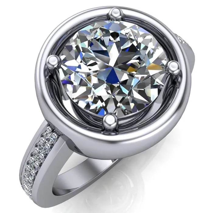 Rings Fire Brilliance Yasmina Round Center Stone Prong Bezel Set with Diamond Sides Design Engagement Ring