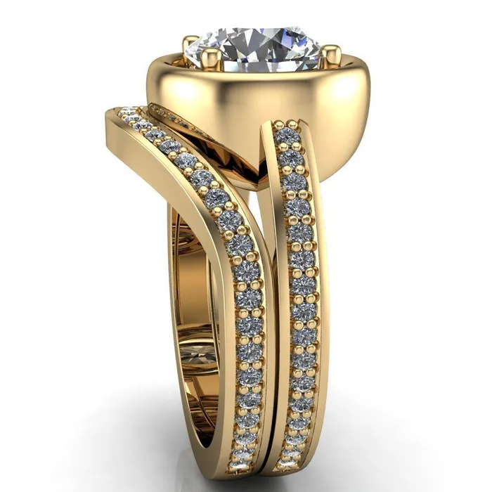Rings Fire Brilliance Yasmina Round Center Stone Prong Bezel Set with Diamond Sides Design Engagement Ring