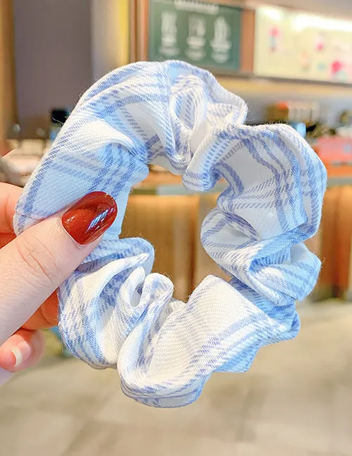 Rings H579 White Blue Plaid Design Hair Scrunchie 02