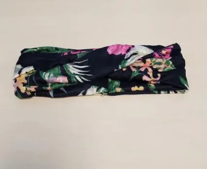 Rings H600 Navy Blue Floral Print Cross Knotted Head Band POLLY