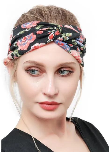 Rings H600 Navy Blue Floral Print Cross Knotted Head Band POLLY