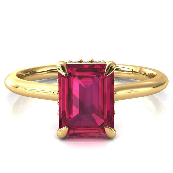 Rings Janey Emerald Ruby 4 Prongs Claw Floating Halo Inverted Cathedral Ring Fire Brilliance 