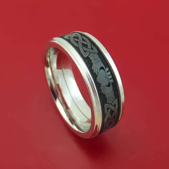 Rings Lashbrook 14k White Gold Ring with Black Zirconium and Claddagh Etched Celtic Design Inlays Custom Made Band Rings Lashbrook 14k White Gold Ring with Black Zirconium and Claddagh Etched Celtic Design Inlays Custom Made Band