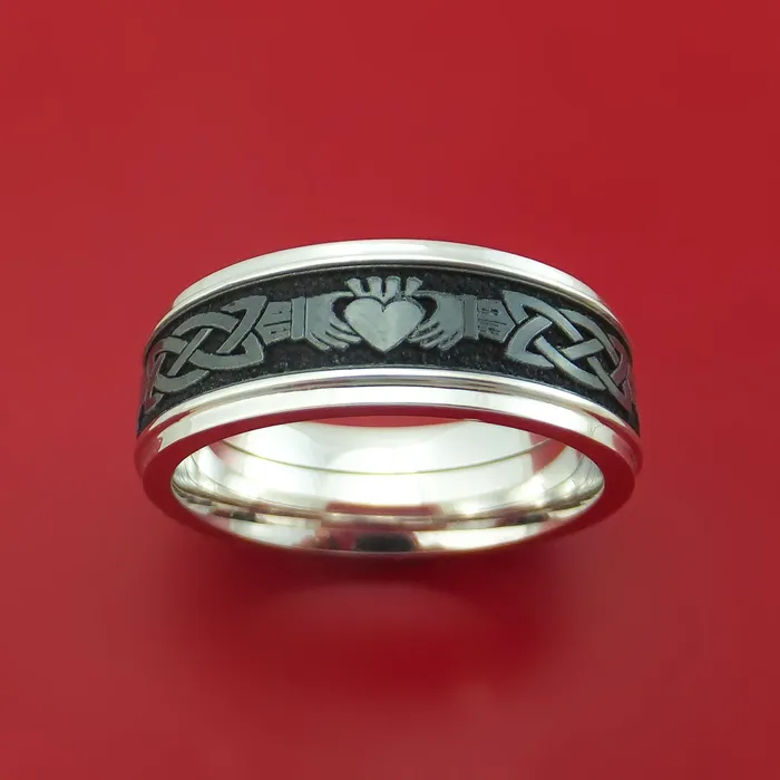 Rings Lashbrook 14k White Gold Ring with Black Zirconium and Claddagh Etched Celtic Design Inlays Custom Made Band Rings Lashbrook 14k White Gold Ring with Black Zirconium and Claddagh Etched Celtic Design Inlays Custom Made Band