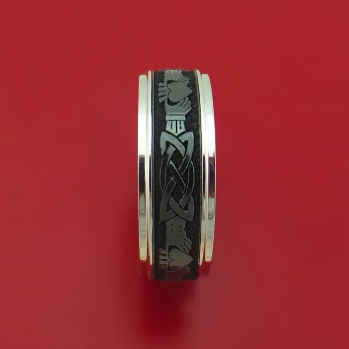 Rings Lashbrook 14k White Gold Ring with Black Zirconium and Claddagh Etched Celtic Design Inlays Custom Made Band Rings Lashbrook 14k White Gold Ring with Black Zirconium and Claddagh Etched Celtic Design Inlays Custom Made Band
