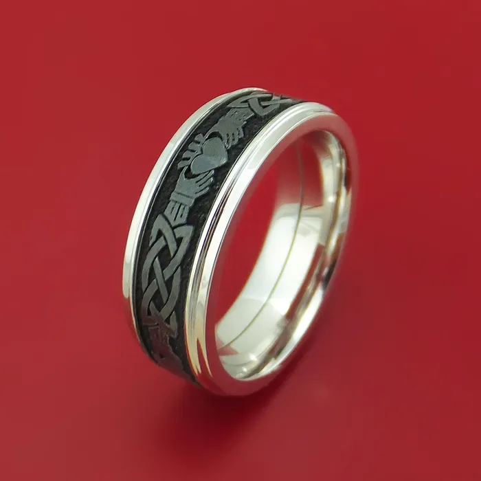 Rings Lashbrook 14k White Gold Ring with Black Zirconium and Claddagh Etched Celtic Design Inlays Custom Made Band Rings Lashbrook 14k White Gold Ring with Black Zirconium and Claddagh Etched Celtic Design Inlays Custom Made Band