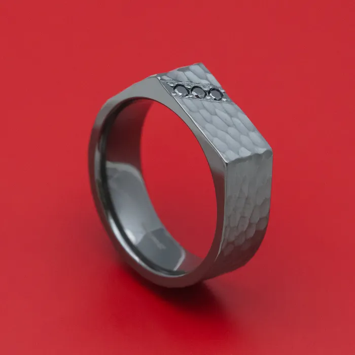 Rings Lashbrook Black Zirconium Hammered Signet Ring with Black Diamonds