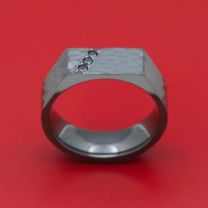 Rings Lashbrook Black Zirconium Hammered Signet Ring with Black Diamonds Rings Lashbrook Black Zirconium Hammered Signet Ring with Black Diamonds