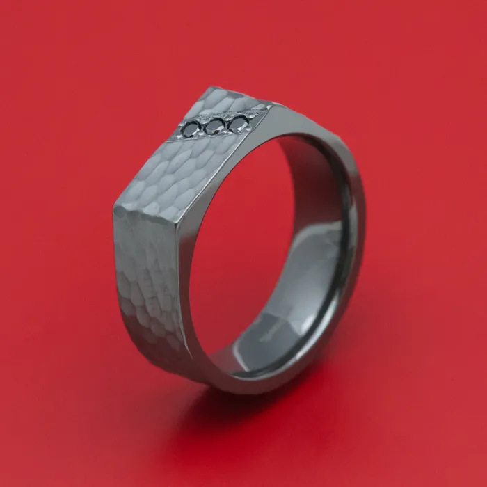 Rings Lashbrook Black Zirconium Hammered Signet Ring with Black Diamonds Rings Lashbrook Black Zirconium Hammered Signet Ring with Black Diamonds