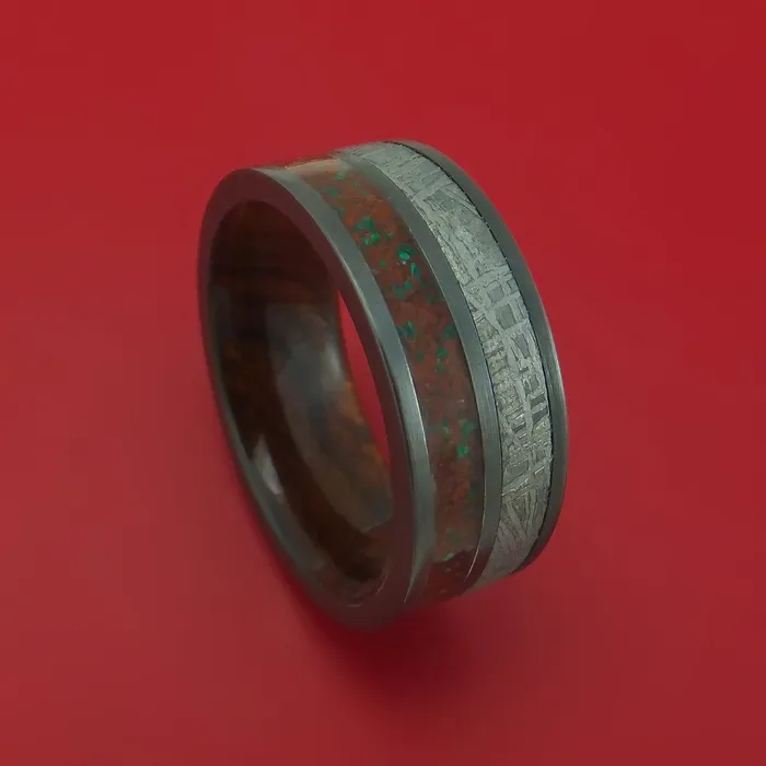 Rings Lashbrook Black Zirconium Mixed Dinosaur Bone And Gibeon Meteorite Ring With Wood Sleeve Custom Made Fossil Band Rings Lashbrook Black Zirconium Mixed Dinosaur Bone And Gibeon Meteorite Ring With Wood Sleeve Custom Made Fossil Band