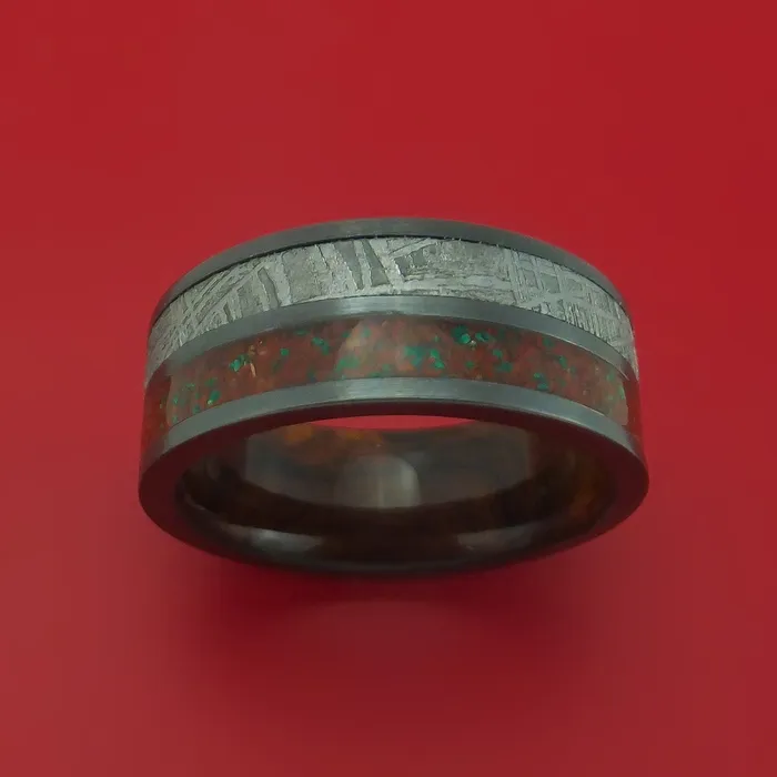 Rings Lashbrook Black Zirconium Mixed Dinosaur Bone And Gibeon Meteorite Ring With Wood Sleeve Custom Made Fossil Band Rings Lashbrook Black Zirconium Mixed Dinosaur Bone And Gibeon Meteorite Ring With Wood Sleeve Custom Made Fossil Band