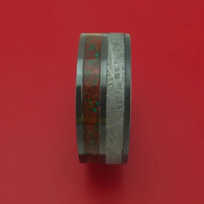 Rings Lashbrook Black Zirconium Mixed Dinosaur Bone And Gibeon Meteorite Ring With Wood Sleeve Custom Made Fossil Band Rings Lashbrook Black Zirconium Mixed Dinosaur Bone And Gibeon Meteorite Ring With Wood Sleeve Custom Made Fossil Band