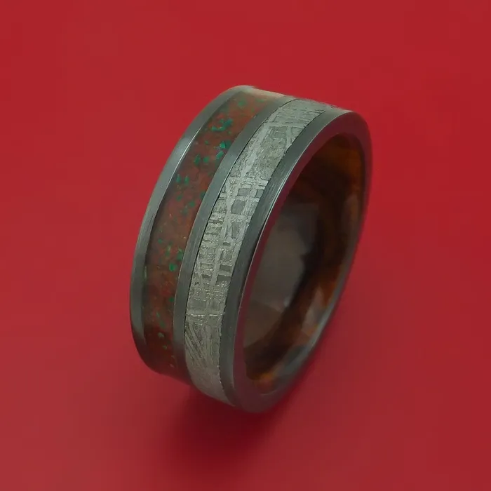 Rings Lashbrook Black Zirconium Mixed Dinosaur Bone And Gibeon Meteorite Ring With Wood Sleeve Custom Made Fossil Band Rings Lashbrook Black Zirconium Mixed Dinosaur Bone And Gibeon Meteorite Ring With Wood Sleeve Custom Made Fossil Band