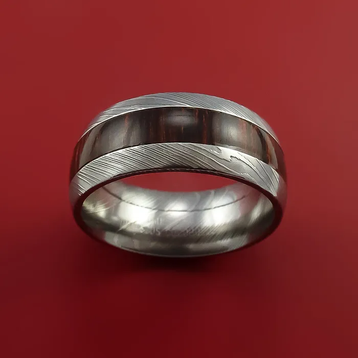 Rings Lashbrook Damascus Steel Ring with Hardwood Inlay Custom Made Band Rings Lashbrook Damascus Steel Ring with Hardwood Inlay Custom Made Band