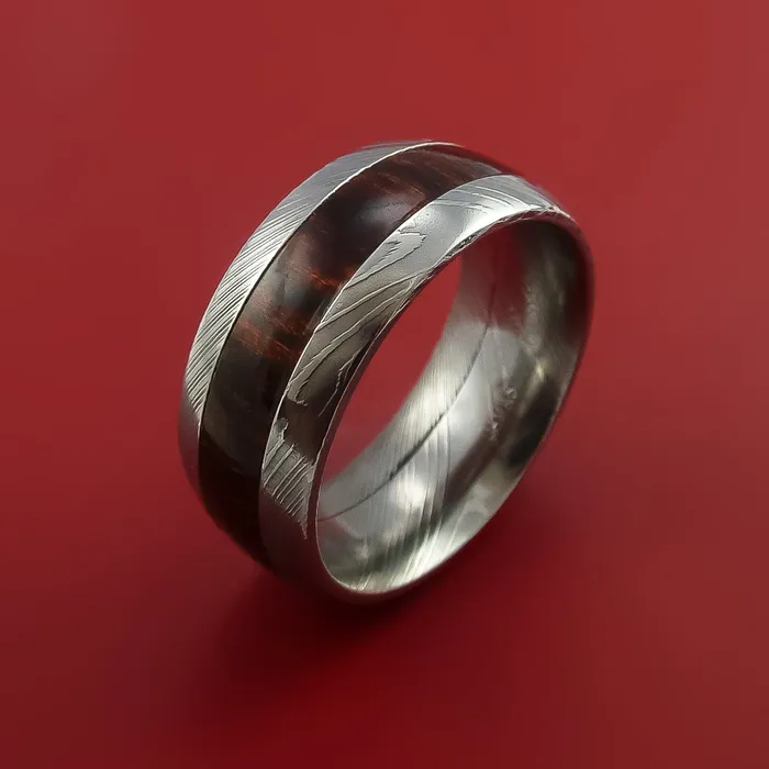 Rings Lashbrook Damascus Steel Ring with Hardwood Inlay Custom Made Band Rings Lashbrook Damascus Steel Ring with Hardwood Inlay Custom Made Band