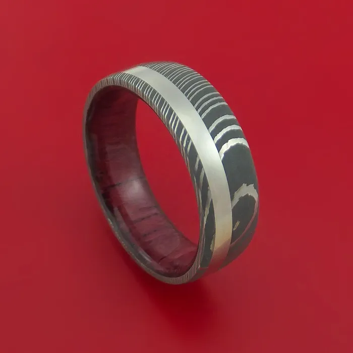 Rings Lashbrook Damascus Steel Ring with Platinum Inlay and Interior Hardwood Sleeve Custom Made Band Rings Lashbrook Damascus Steel Ring with Platinum Inlay and Interior Hardwood Sleeve Custom Made Band