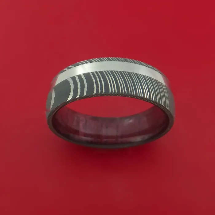 Rings Lashbrook Damascus Steel Ring with Platinum Inlay and Interior Hardwood Sleeve Custom Made Band Rings Lashbrook Damascus Steel Ring with Platinum Inlay and Interior Hardwood Sleeve Custom Made Band