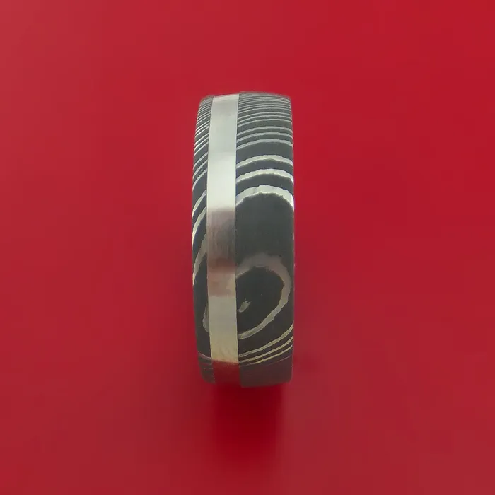 Rings Lashbrook Damascus Steel Ring with Platinum Inlay and Interior Hardwood Sleeve Custom Made Band Rings Lashbrook Damascus Steel Ring with Platinum Inlay and Interior Hardwood Sleeve Custom Made Band
