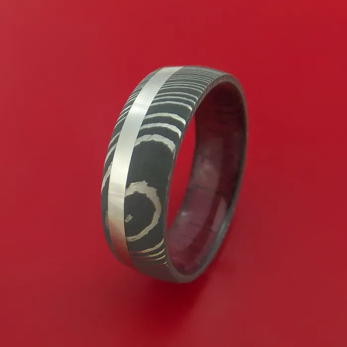 Rings Lashbrook Damascus Steel Ring with Platinum Inlay and Interior Hardwood Sleeve Custom Made Band Rings Lashbrook Damascus Steel Ring with Platinum Inlay and Interior Hardwood Sleeve Custom Made Band