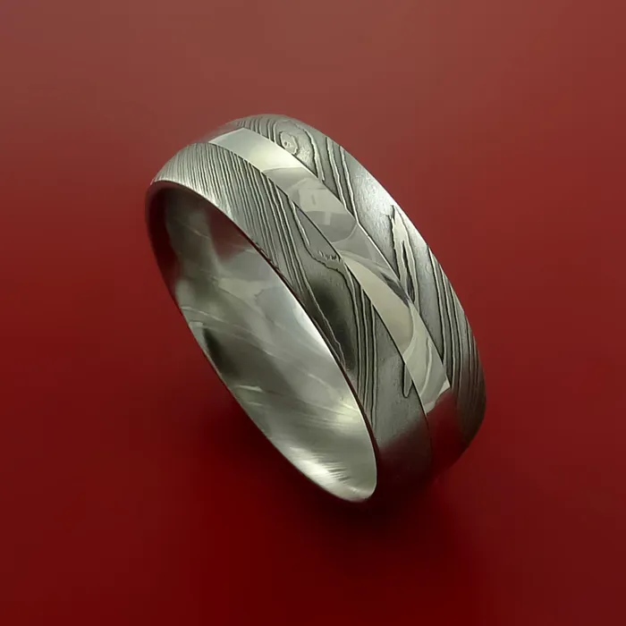Rings Lashbrook Damascus Steel Ring with Platinum Inlay Custom Made Band