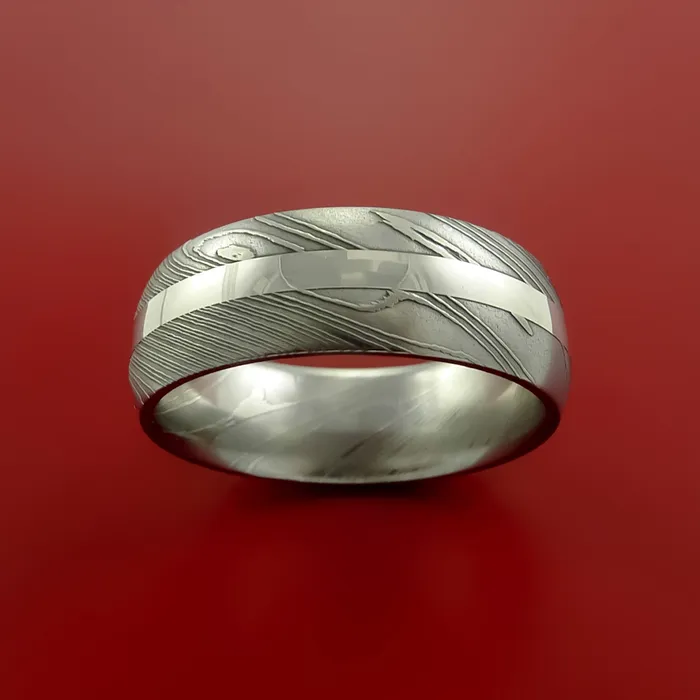 Rings Lashbrook Damascus Steel Ring with Platinum Inlay Custom Made Band