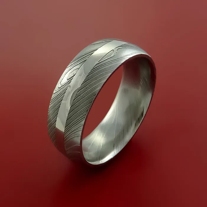 Rings Lashbrook Damascus Steel Ring with Platinum Inlay Custom Made Band