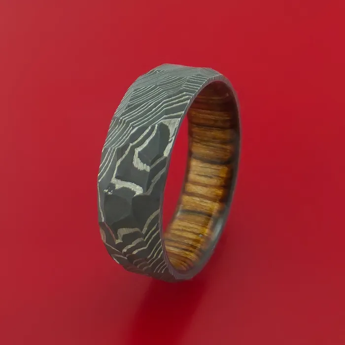 Rings Lashbrook Hammered Damascus Steel Ring with Interior Hardwood Sleeve Custom Made Band Rings Lashbrook Hammered Damascus Steel Ring with Interior Hardwood Sleeve Custom Made Band