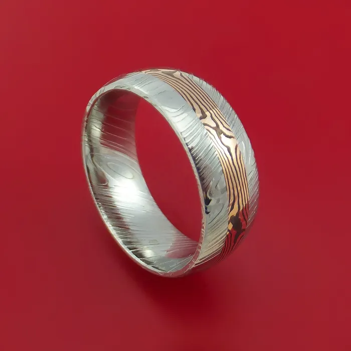 Rings Lashbrook Kuro Damascus Steel Ring with 14k Rose Gold Mokume Shakudo Inlay Custom Made Band Rings Lashbrook Kuro Damascus Steel Ring with 14k Rose Gold Mokume Shakudo Inlay Custom Made Band