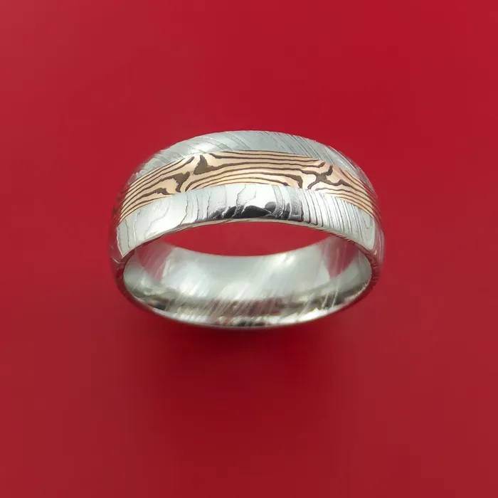 Rings Lashbrook Kuro Damascus Steel Ring with 14k Rose Gold Mokume Shakudo Inlay Custom Made Band Rings Lashbrook Kuro Damascus Steel Ring with 14k Rose Gold Mokume Shakudo Inlay Custom Made Band
