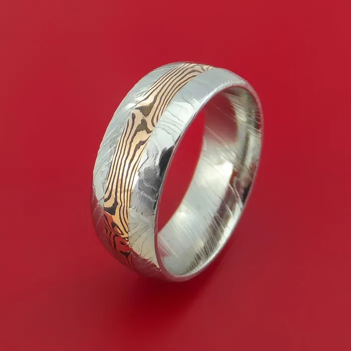 Rings Lashbrook Kuro Damascus Steel Ring with 14k Rose Gold Mokume Shakudo Inlay Custom Made Band Rings Lashbrook Kuro Damascus Steel Ring with 14k Rose Gold Mokume Shakudo Inlay Custom Made Band