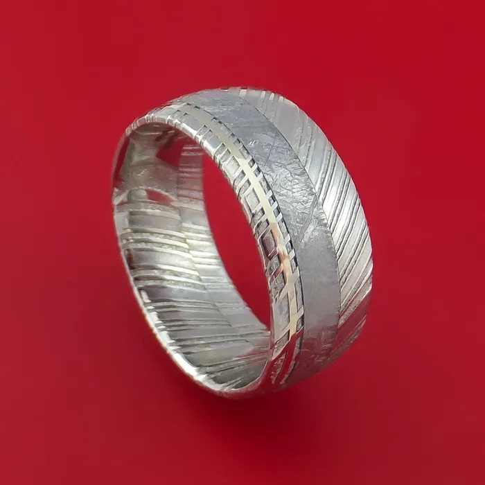 Rings Lashbrook Kuro Damascus Steel Ring with Gibeon Meteorite and 14k White Gold Inlays Custom Made Band Rings Lashbrook Kuro Damascus Steel Ring with Gibeon Meteorite and 14k White Gold Inlays Custom Made Band