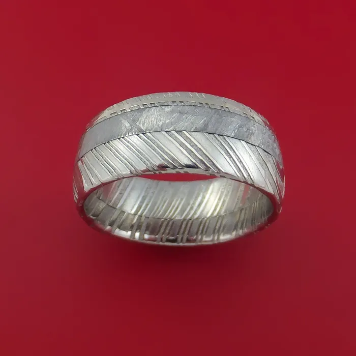Rings Lashbrook Kuro Damascus Steel Ring with Gibeon Meteorite and 14k White Gold Inlays Custom Made Band Rings Lashbrook Kuro Damascus Steel Ring with Gibeon Meteorite and 14k White Gold Inlays Custom Made Band