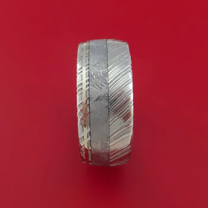 Rings Lashbrook Kuro Damascus Steel Ring with Gibeon Meteorite and 14k White Gold Inlays Custom Made Band Rings Lashbrook Kuro Damascus Steel Ring with Gibeon Meteorite and 14k White Gold Inlays Custom Made Band