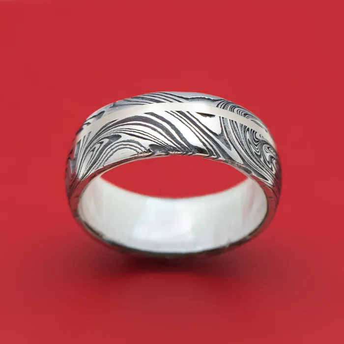 Rings Lashbrook Marble Damascus Steel Ring with White Mother of Pearl Sleeve and Gold Inlay Custom Made Band Rings Lashbrook Marble Damascus Steel Ring with White Mother of Pearl Sleeve and Gold Inlay Custom Made Band
