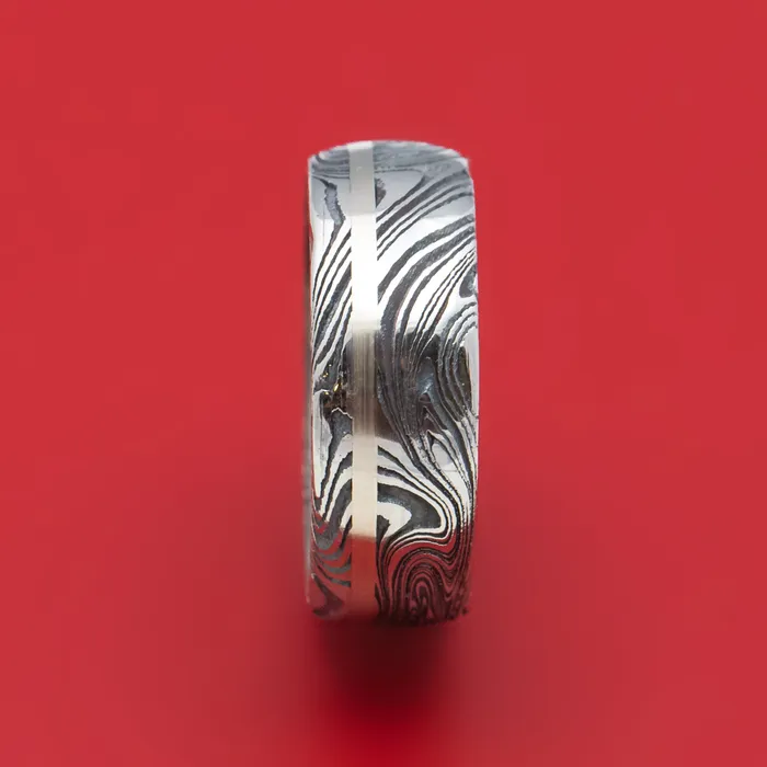 Rings Lashbrook Marble Damascus Steel Ring with White Mother of Pearl Sleeve and Gold Inlay Custom Made Band Rings Lashbrook Marble Damascus Steel Ring with White Mother of Pearl Sleeve and Gold Inlay Custom Made Band