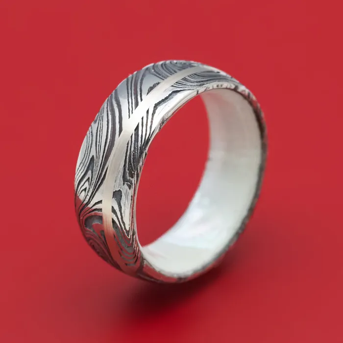 Rings Lashbrook Marble Damascus Steel Ring with White Mother of Pearl Sleeve and Gold Inlay Custom Made Band Rings Lashbrook Marble Damascus Steel Ring with White Mother of Pearl Sleeve and Gold Inlay Custom Made Band