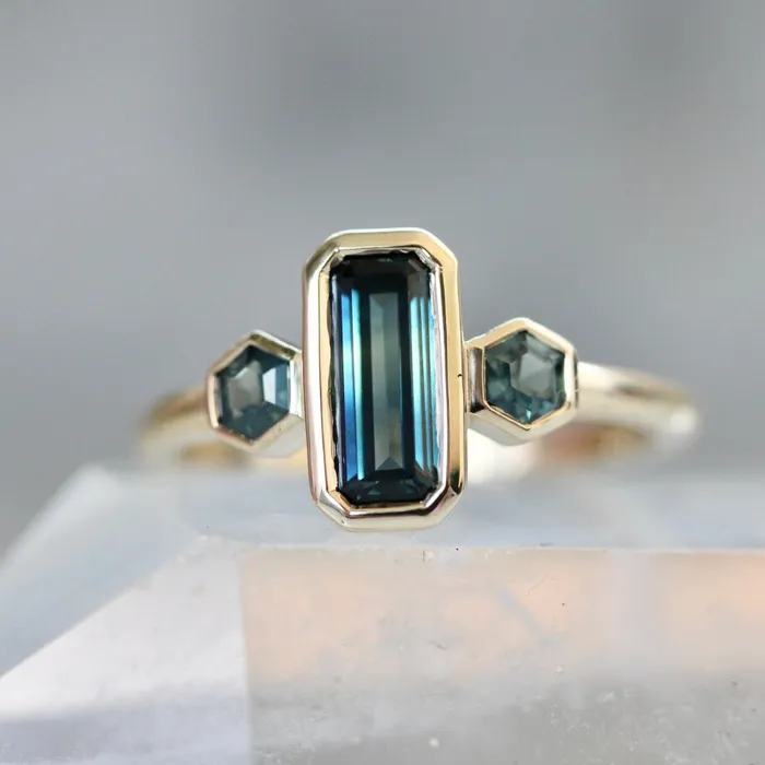 Rings Made By Gem Breakfast Last Dance Teal Emerald Cut Montana Sapphire Ring