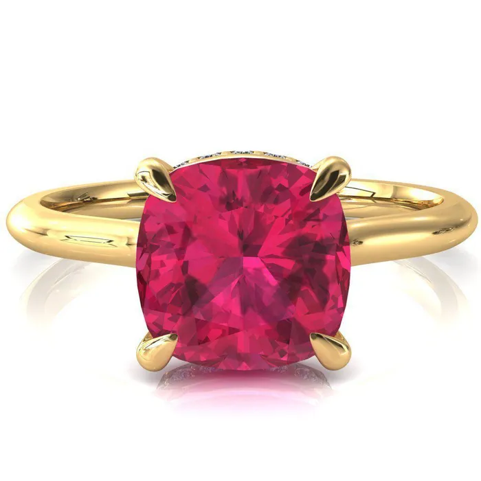Rings Secret Cushion Ruby 4 Prong Floating Halo Engagement Ring Fire Brilliance 