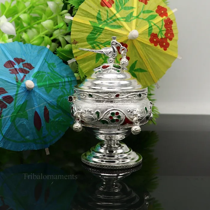 Rings TRIBAL ORNAMENTS 925 sterling silver handmade flower work enamel design vintage trinket box brides accessories kumkum sindur box idols prasad box stb156 Rings TRIBAL ORNAMENTS 925 sterling silver handmade flower work enamel design vintage trinket box brides accessories kumkum sindur box idols prasad box stb156