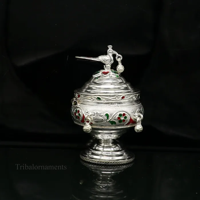 Rings TRIBAL ORNAMENTS 925 sterling silver handmade flower work enamel design vintage trinket box brides accessories kumkum sindur box idols prasad box stb156