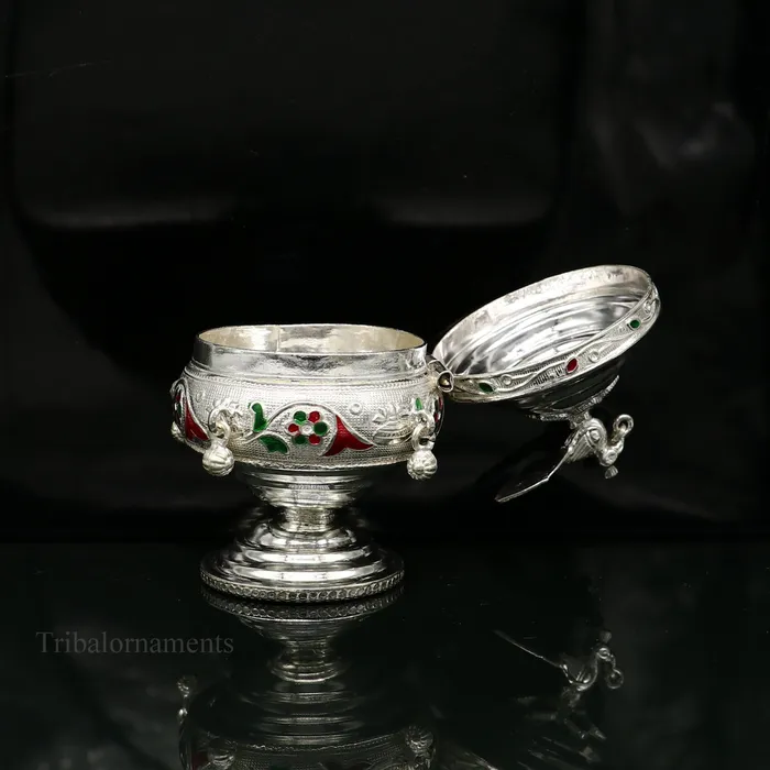 Rings TRIBAL ORNAMENTS 925 sterling silver handmade flower work enamel design vintage trinket box brides accessories kumkum sindur box idols prasad box stb156